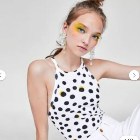 Zara Black and White Polka Dot Ribbed Sleeveless Halter Bodysuit - Size S - Picture 2 of 6